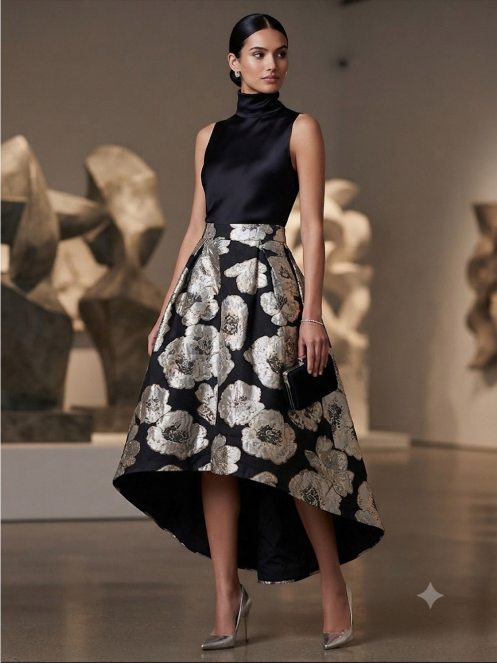 Anthropology Hutch Black Skirt with Silver Floral Metallic Jacquard High-Low Hem